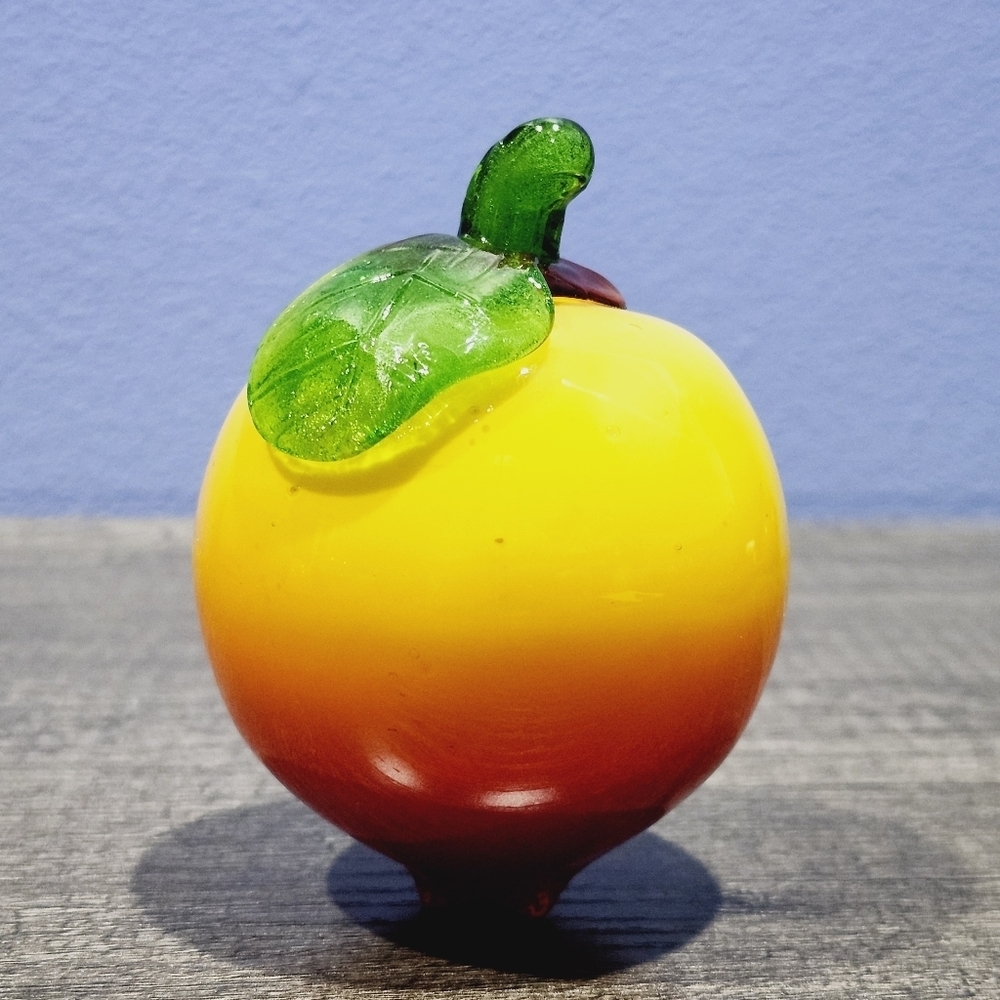 Peach Apricot Fruit Vintage Hand blown Glass Green Leaf Retro 1970s 3"W